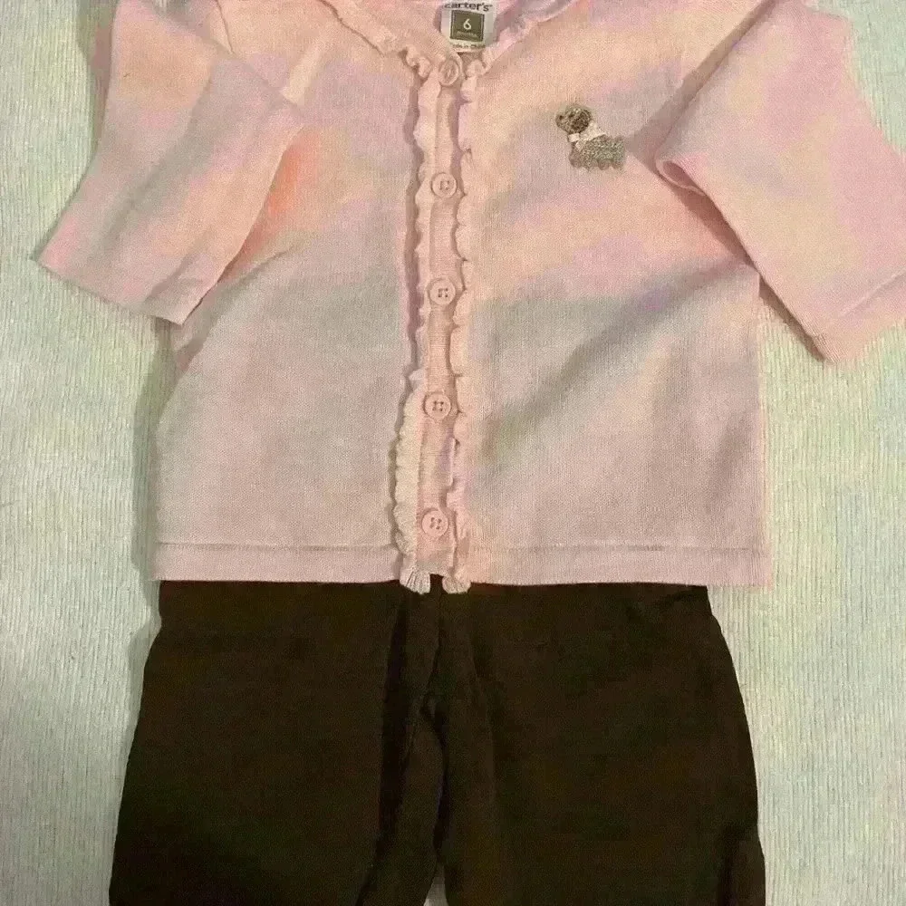 Carter's Pink Cardigan with ruffled button front, w/ Brown pants , 6 months